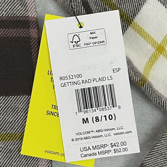 Volcom Flannel Shirt Girls Size 8/10 Espresso Plaid  Getting Rad Button Up NEW - Picture 9 of 16